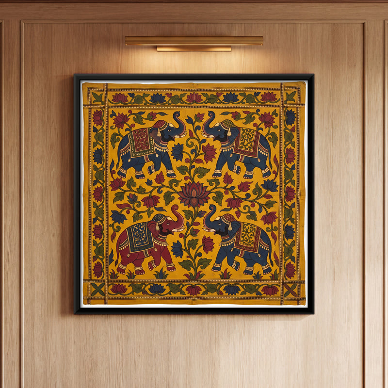 Four Elephants Around a Lotus - framed canvas art hung on a wall