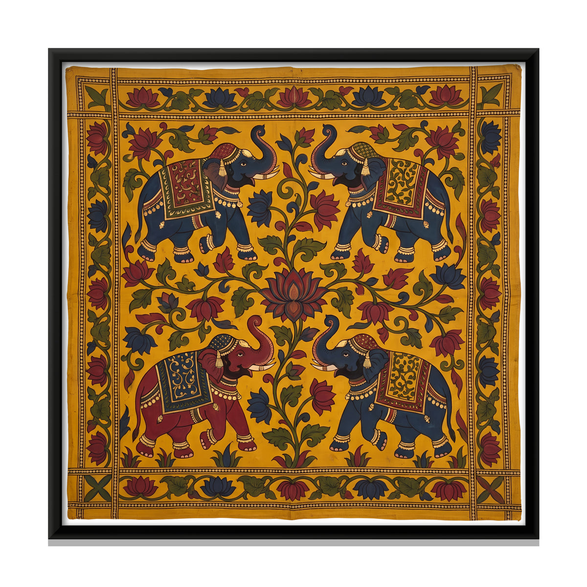 Four Elephants Around a Lotus - framed canvas print, front view