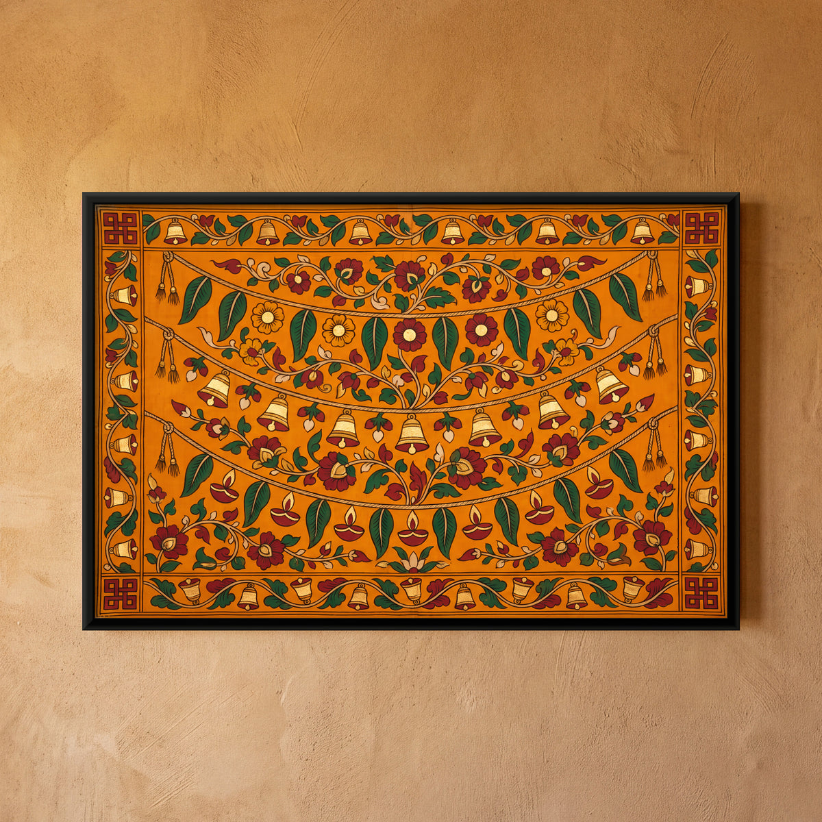 Toran with Temple Bells - framed canvas art hung on a wall