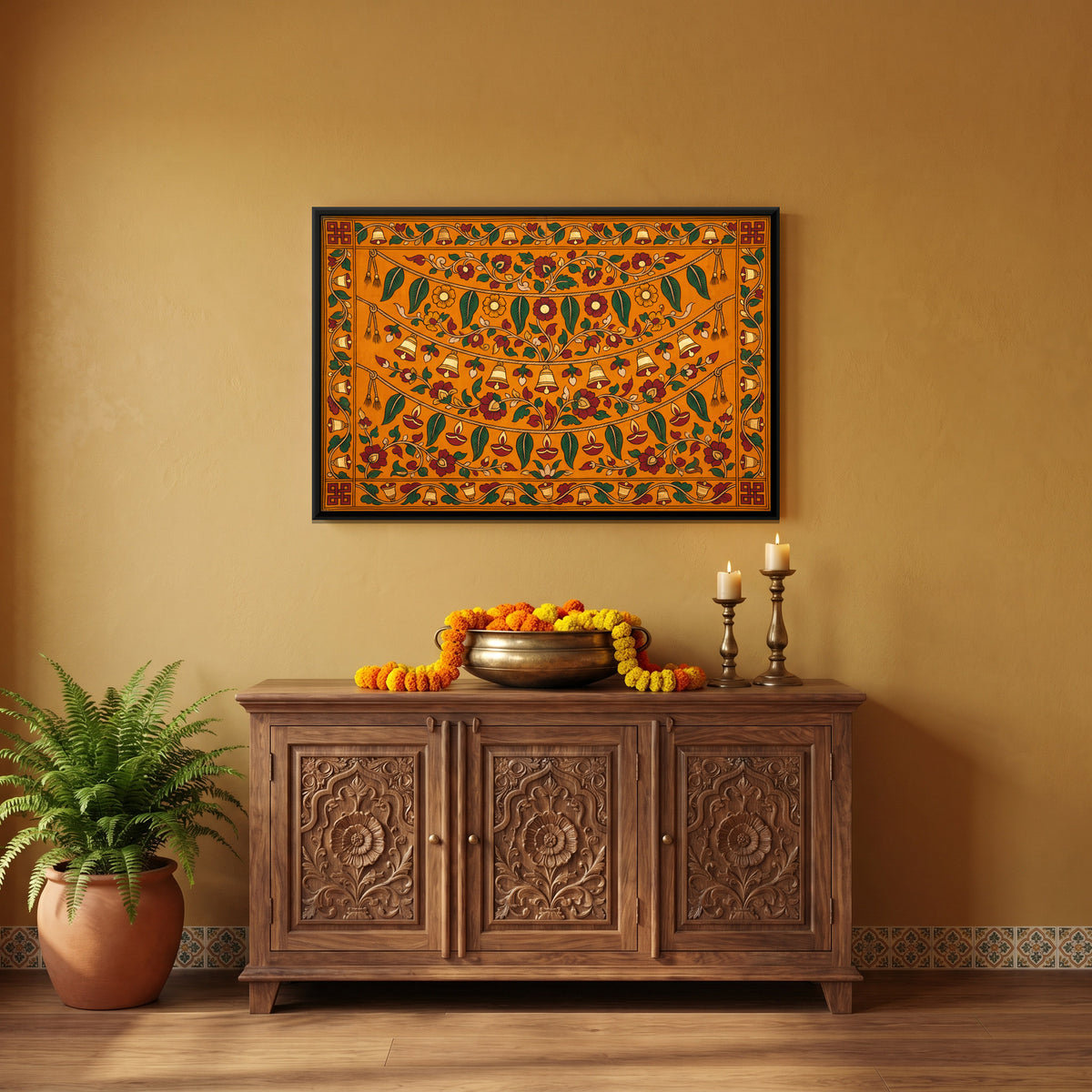 Toran with Temple Bells - canvas art shown in a styled room