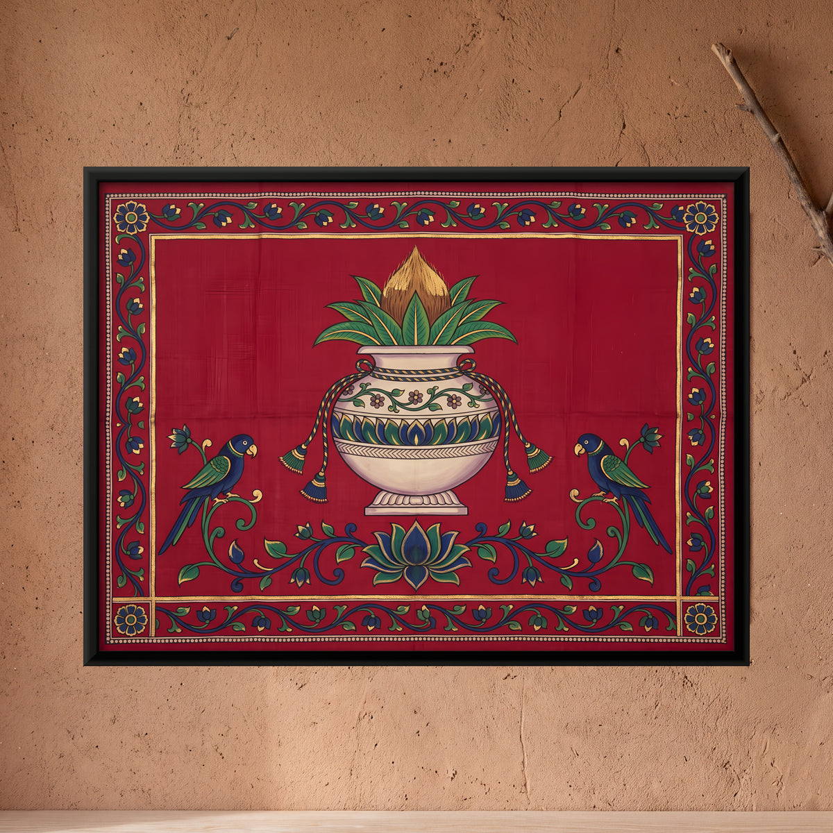 Kalash with Parrots - framed canvas art hung on a wall