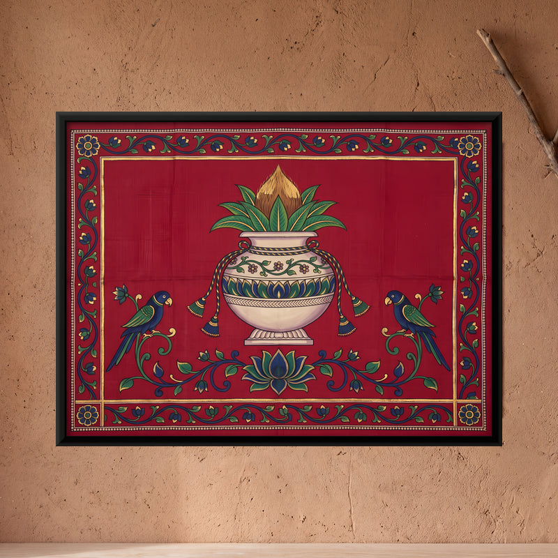 Kalash with Parrots - framed canvas art hung on a wall