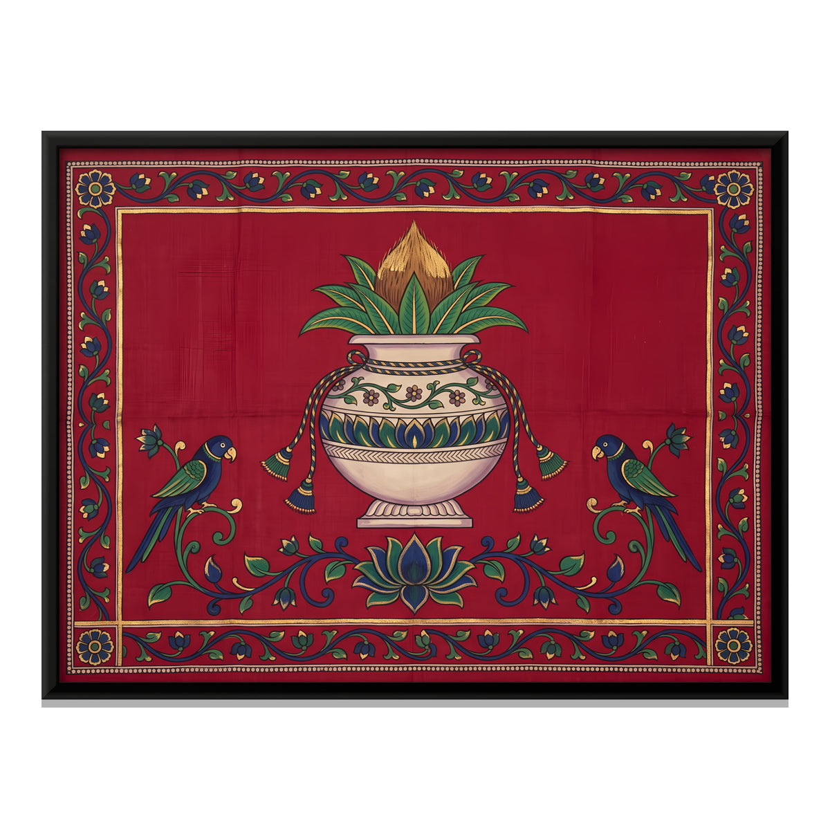 Kalash with Parrots - framed canvas print, front view