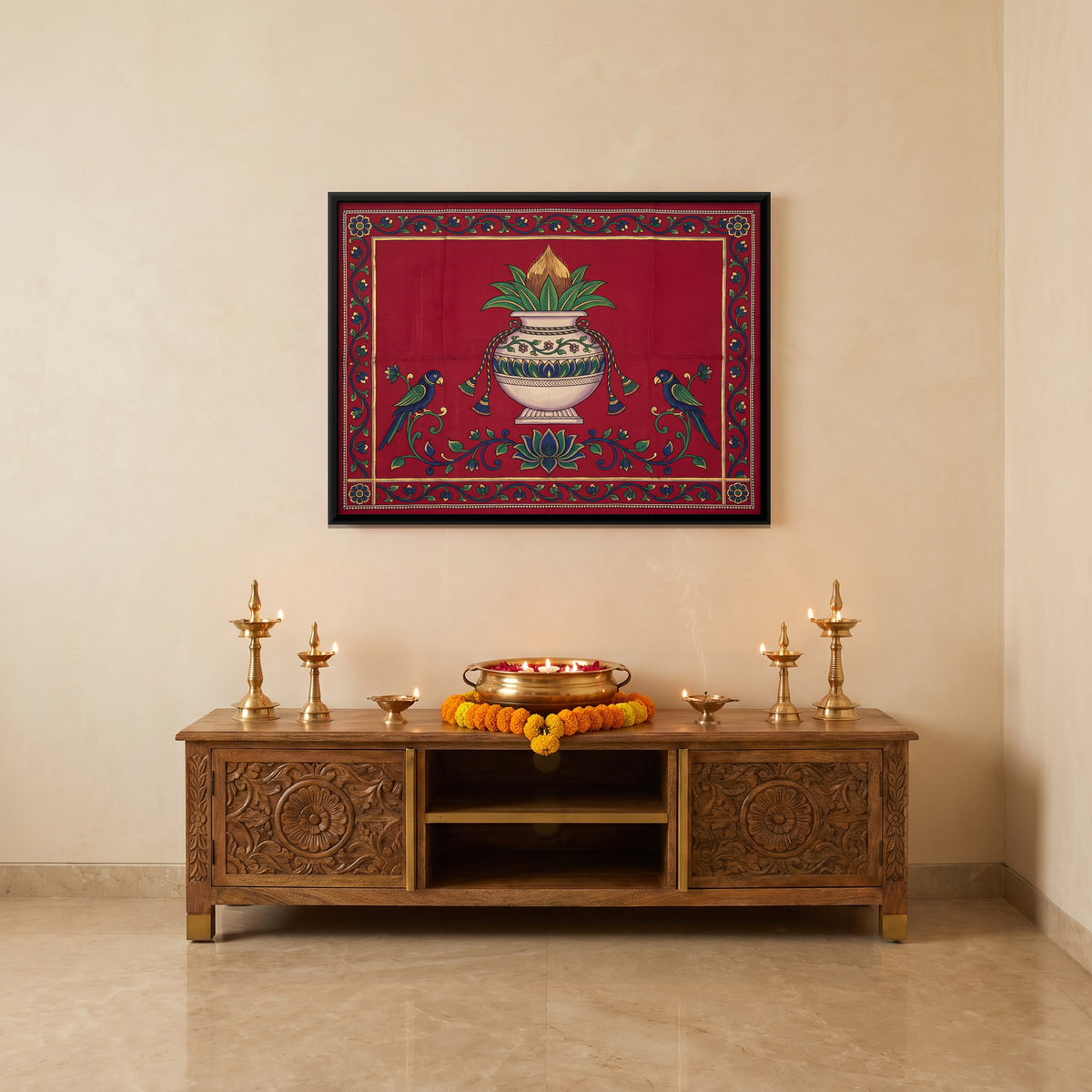 Kalash with Parrots - canvas art shown in a styled room