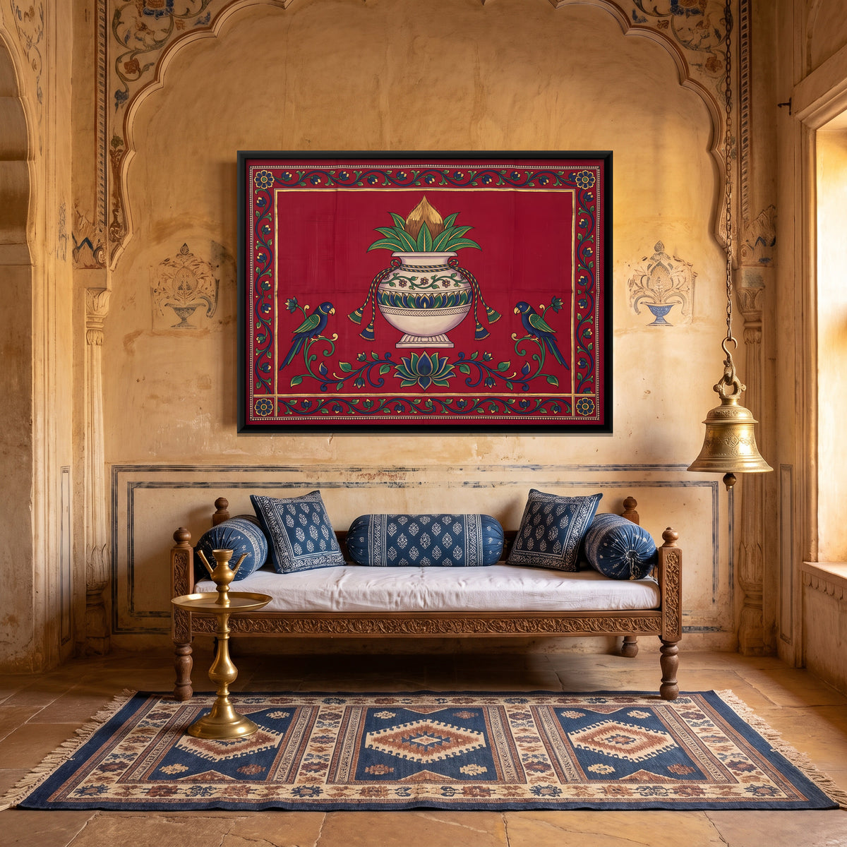 Kalash with Parrots - canvas art shown in a second room setting
