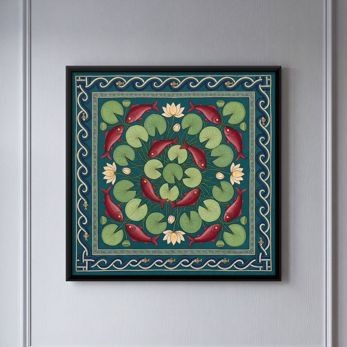 Fish in a Lotus Pond - framed canvas art hung on a wall