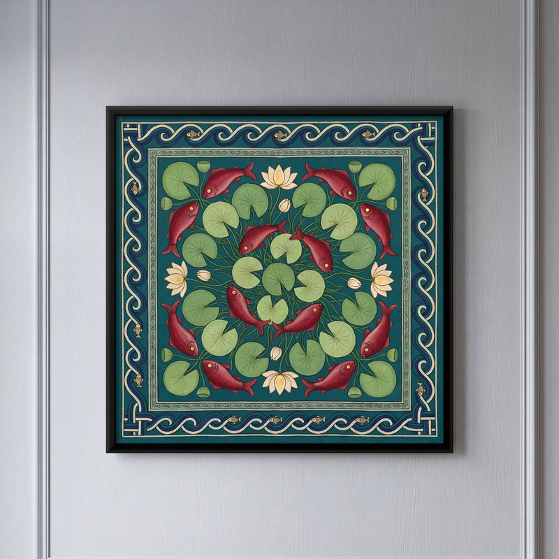Fish in a Lotus Pond - framed canvas art hung on a wall