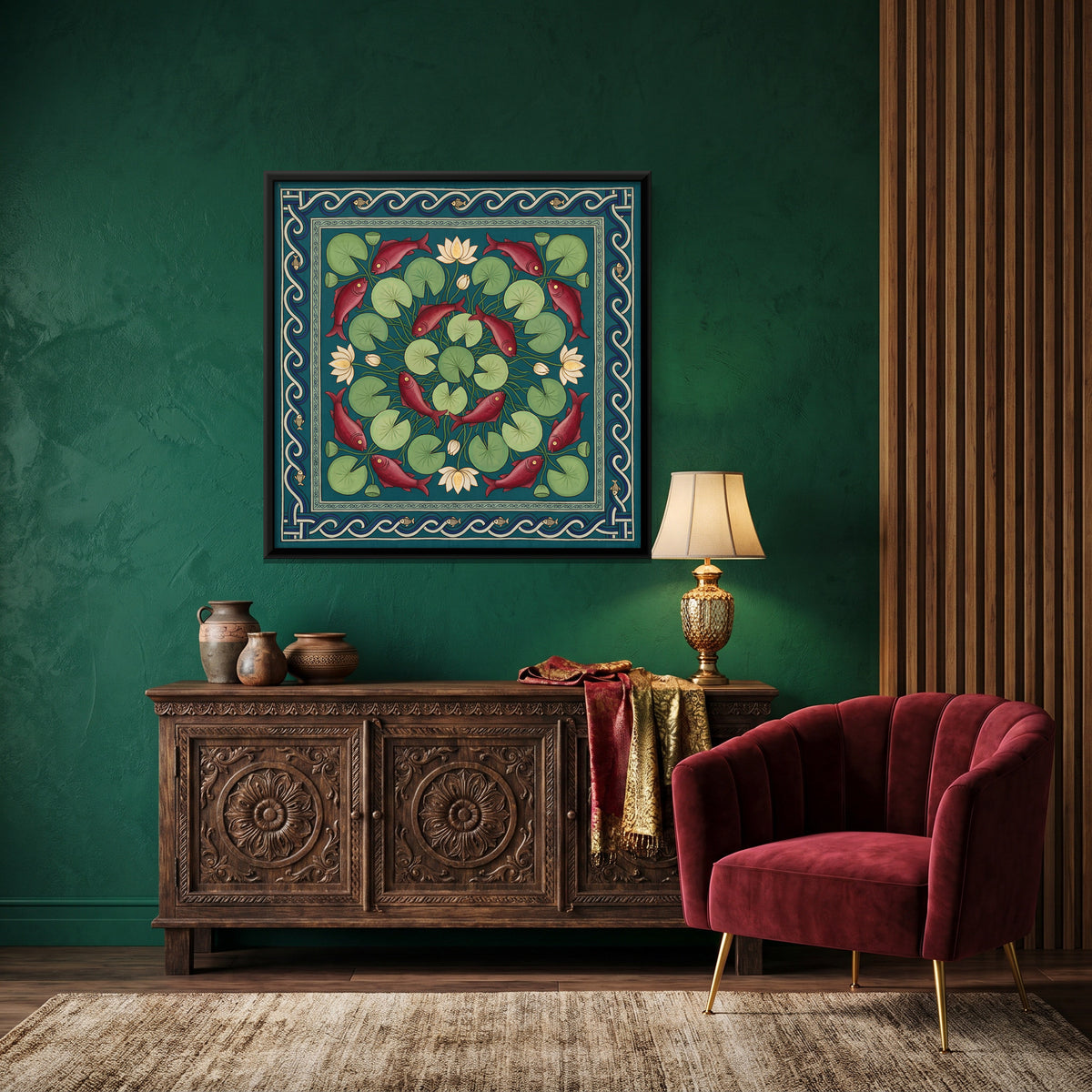 Fish in a Lotus Pond - canvas art shown in a styled room