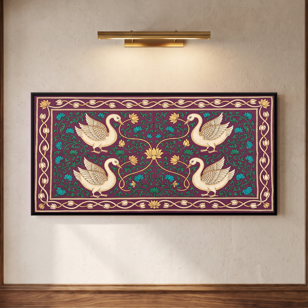 Four Swans Around a Lotus - framed canvas art hung on a wall