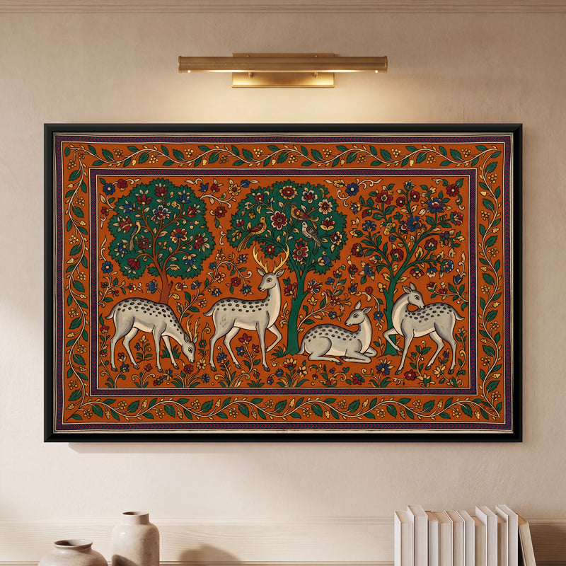 Spotted Deer Beneath Trees - framed canvas art hung on a wall