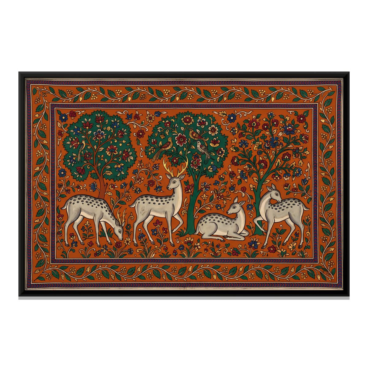Spotted Deer Beneath Trees - framed canvas print, front view