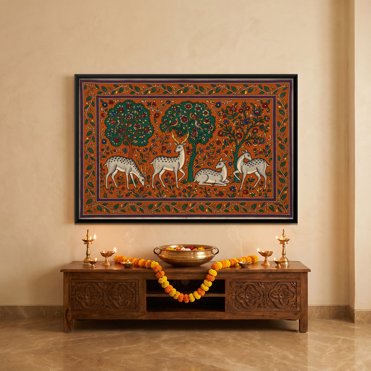 Spotted Deer Beneath Trees - canvas art shown in a styled room