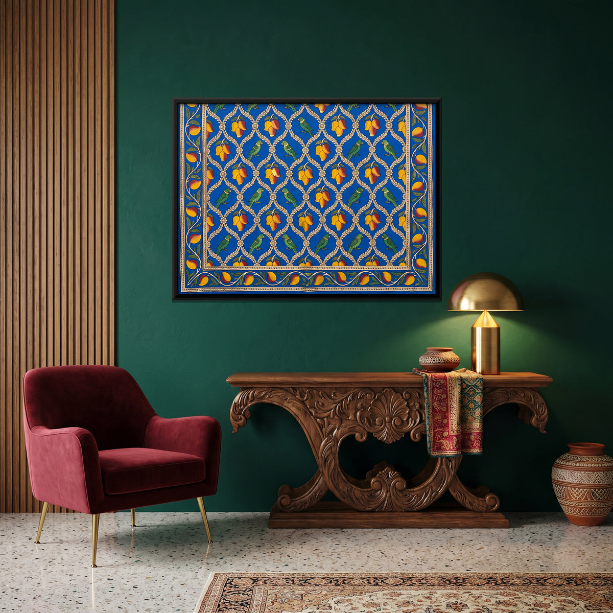 Parrots and Mangoes - canvas art shown in a styled room