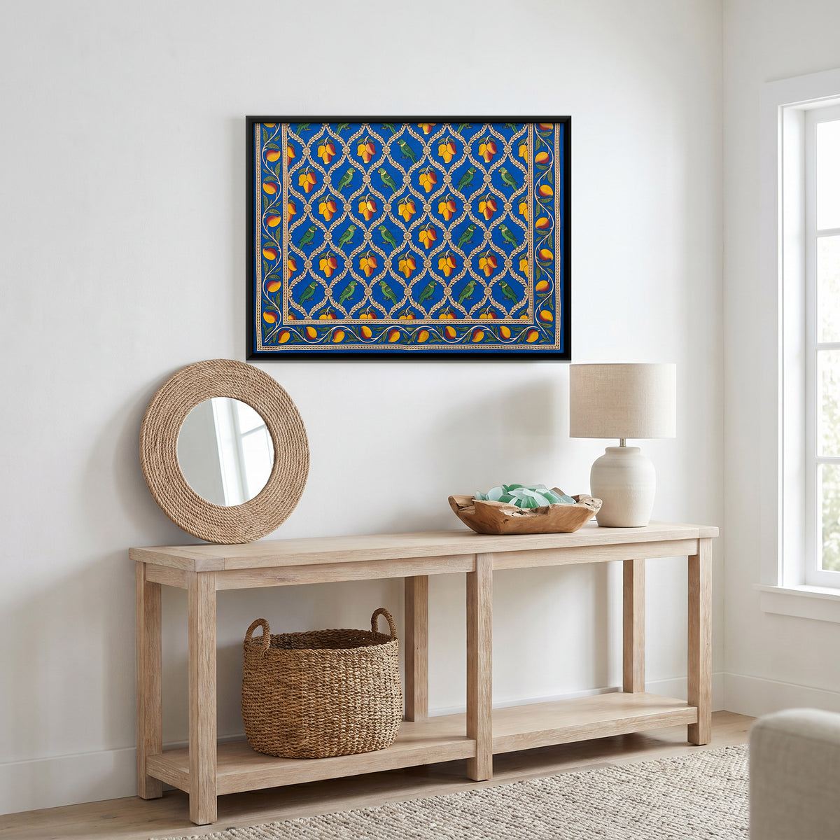 Parrots and Mangoes - canvas art shown in a second room setting