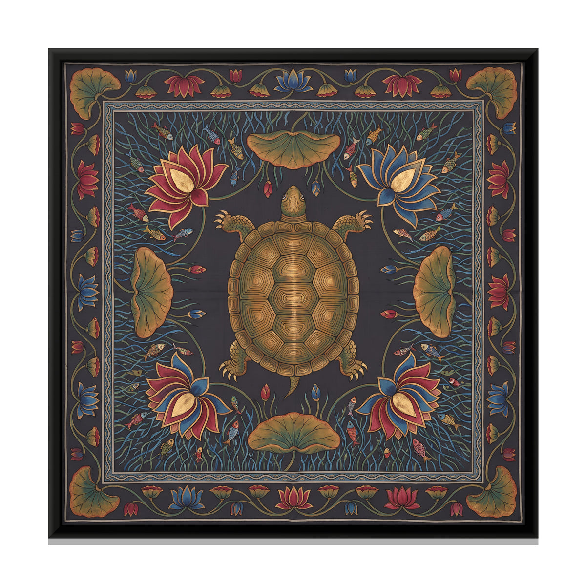 Tortoise in a Lotus Pond - framed canvas print, front view