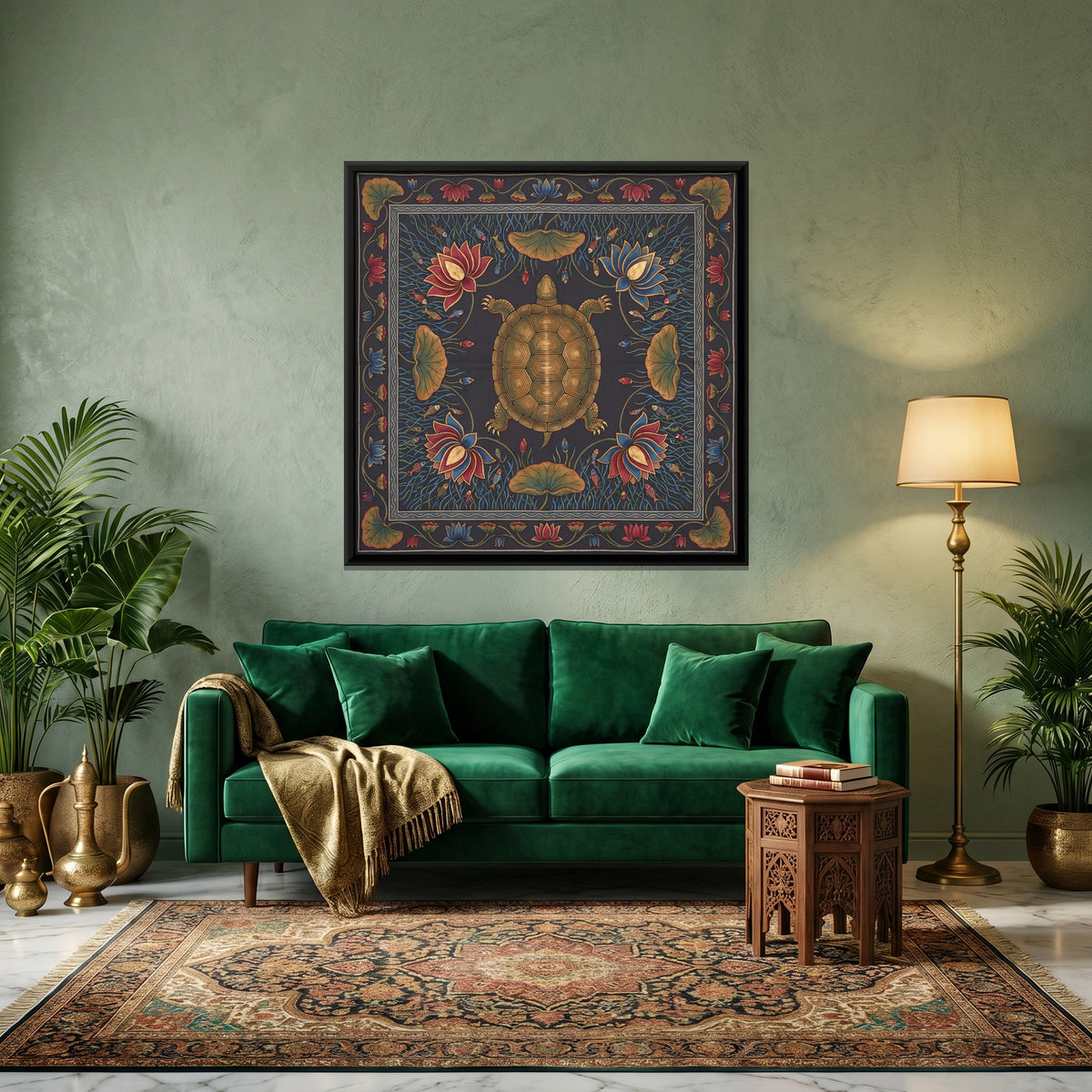 Tortoise in a Lotus Pond - canvas art shown in a styled room