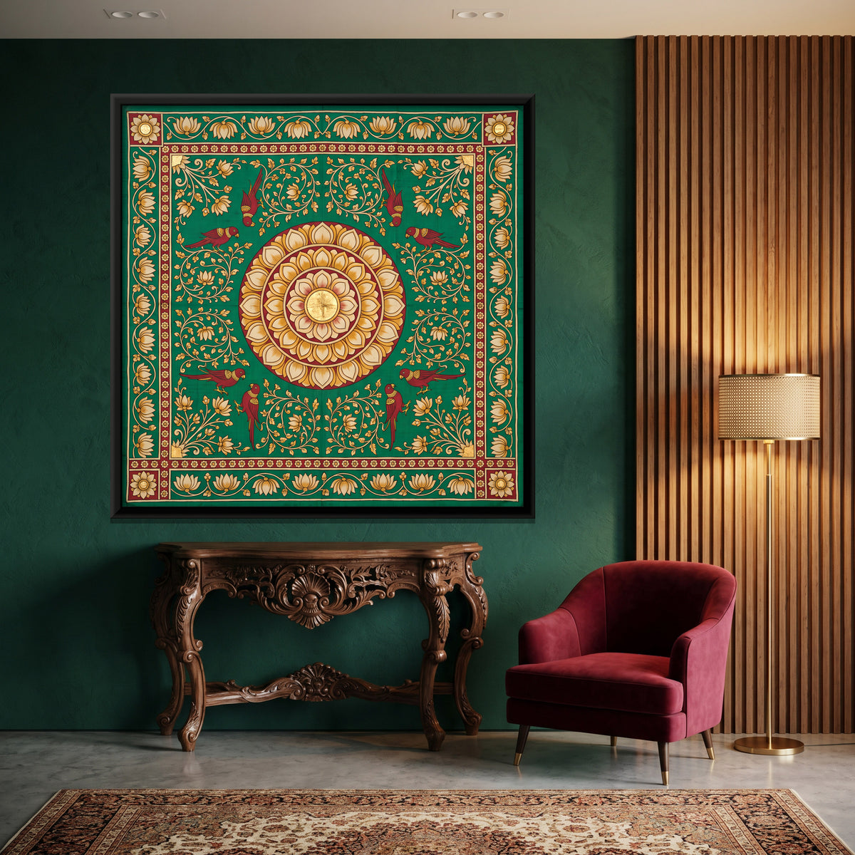 Lotus Medallion - canvas art shown in a styled room