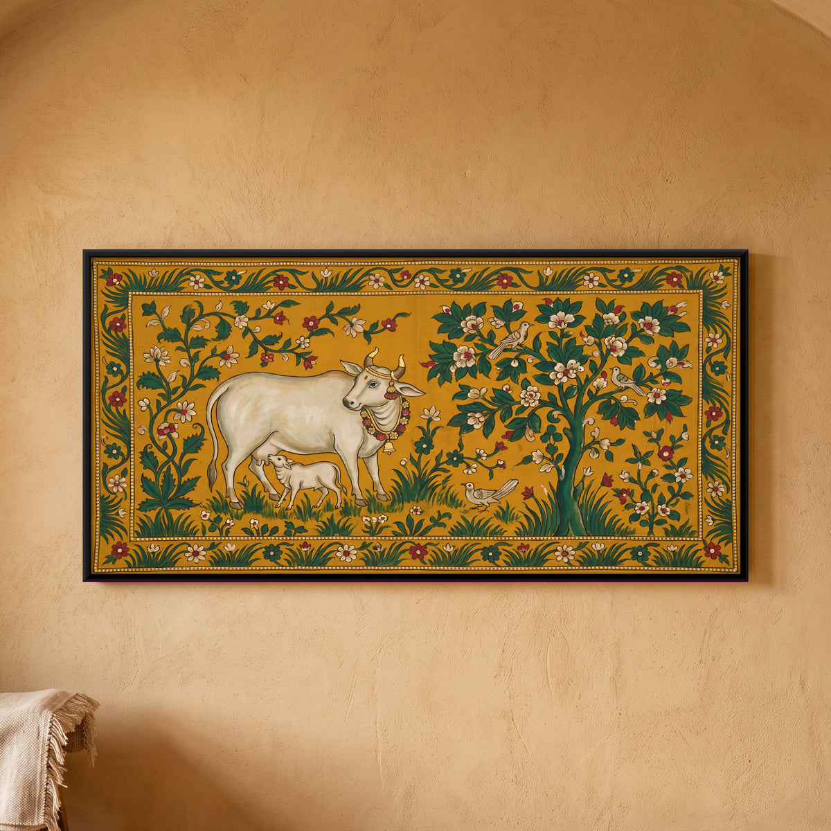 Gau Mata with Calf - framed canvas art hung on a wall
