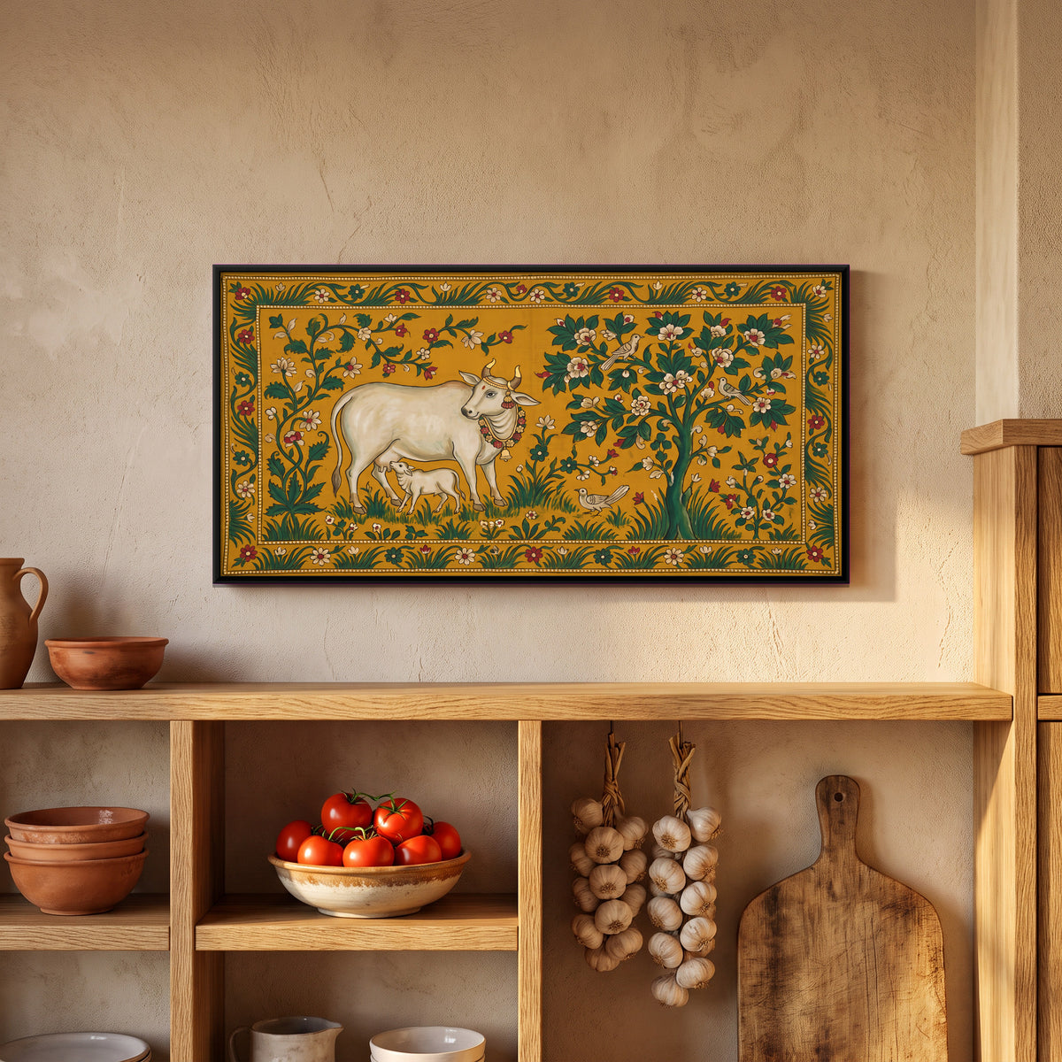 Gau Mata with Calf - canvas art shown in a styled room