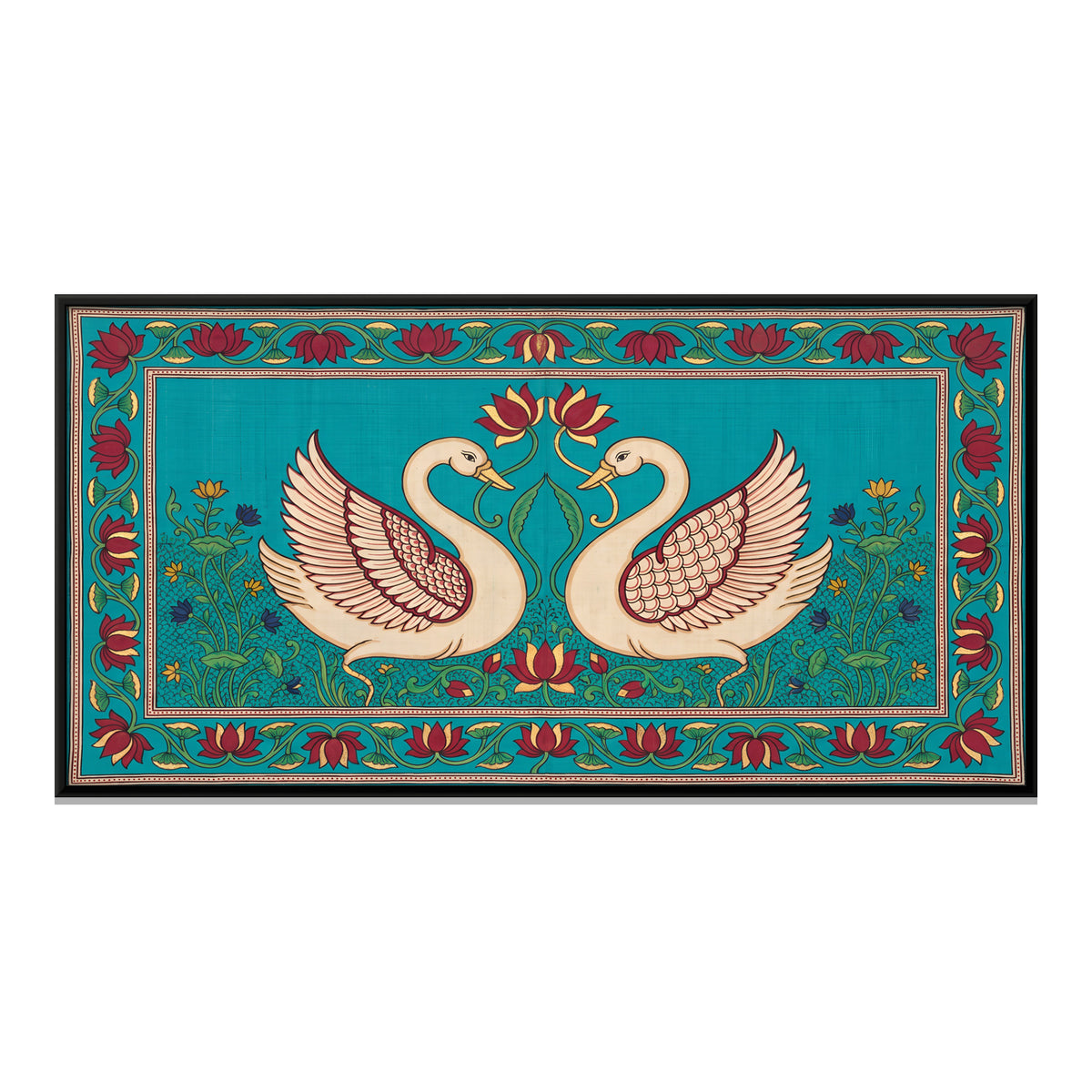 Pair of Swans with Lotus - framed canvas print, front view