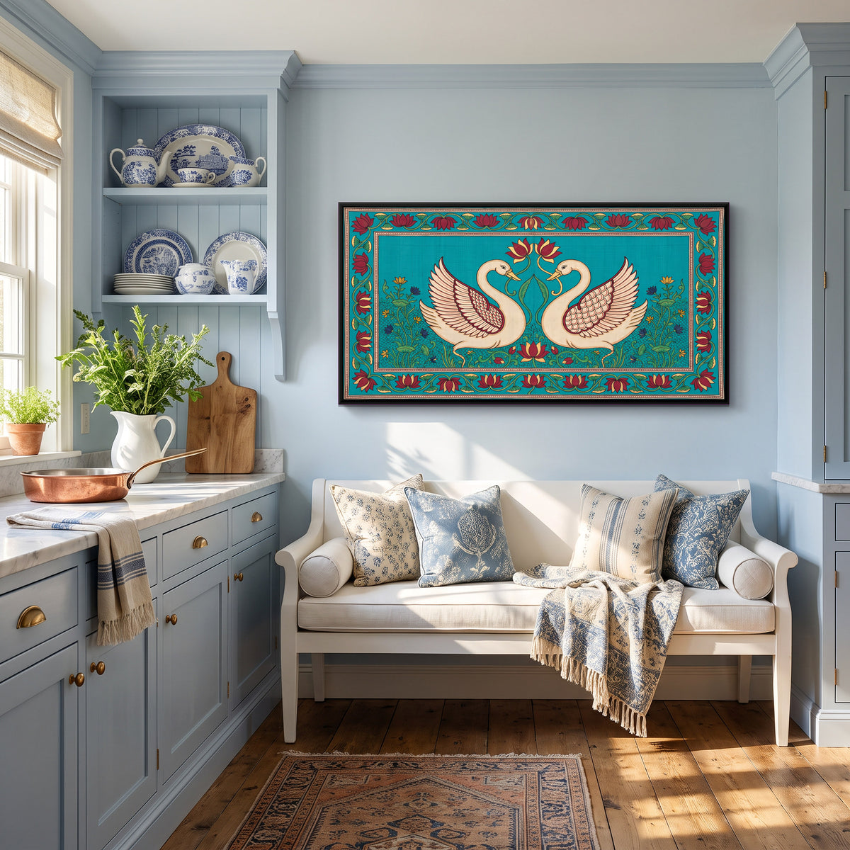 Pair of Swans with Lotus - canvas art shown in a styled room