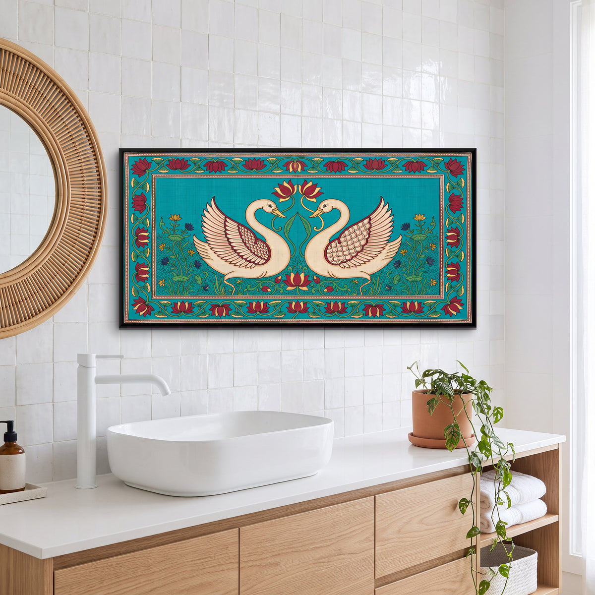 Pair of Swans with Lotus - canvas art shown in a second room setting