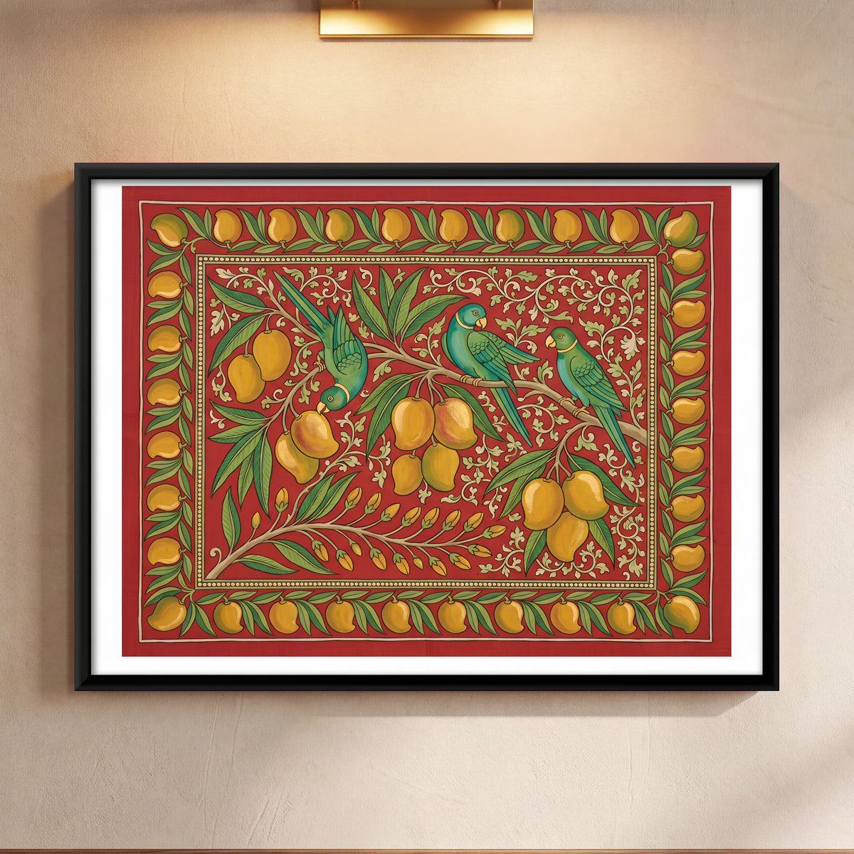 Parrots and Mangoes - framed canvas art hung on a wall