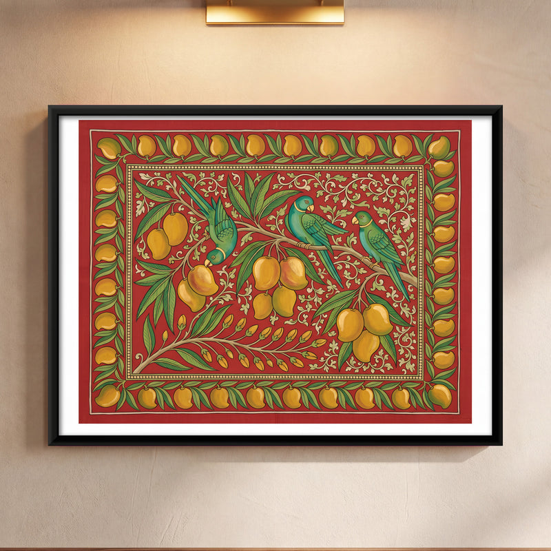 Parrots and Mangoes - framed canvas art hung on a wall