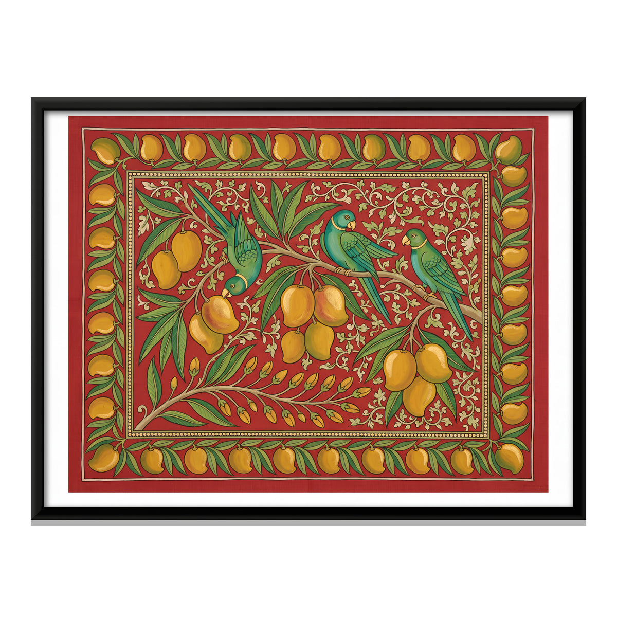 Parrots and Mangoes - framed canvas print, front view