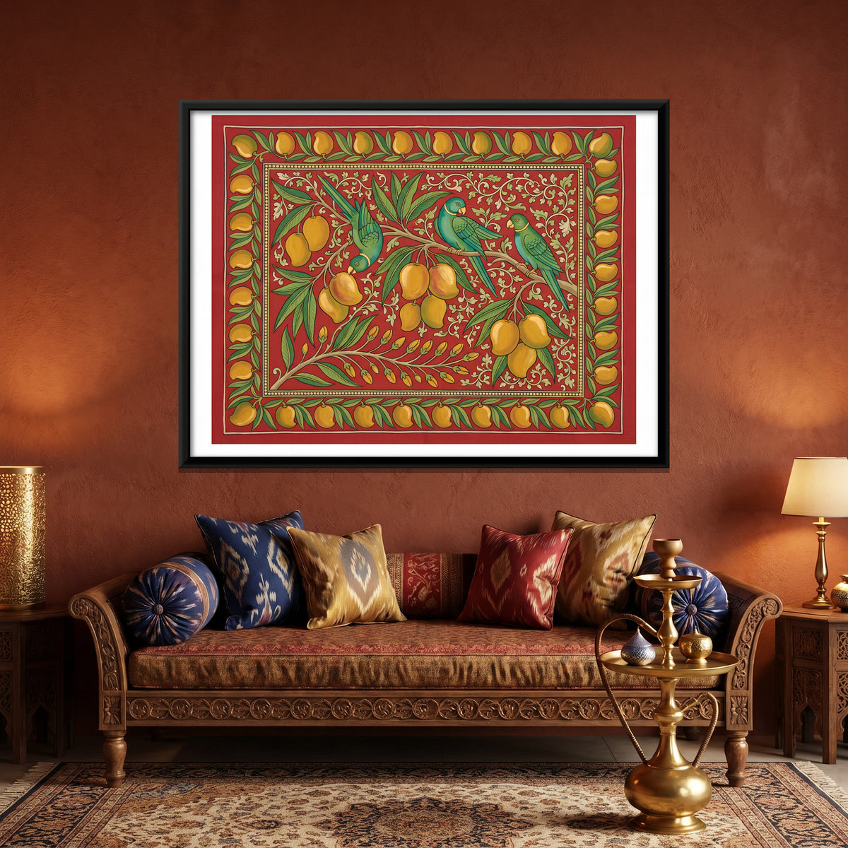 Parrots and Mangoes - canvas art shown in a styled room