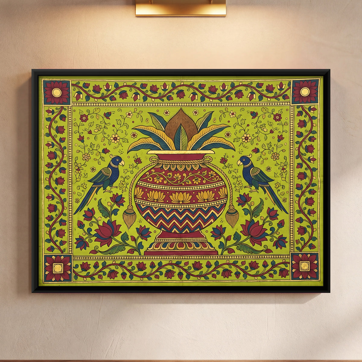 Kalash with Parrots - framed canvas art hung on a wall