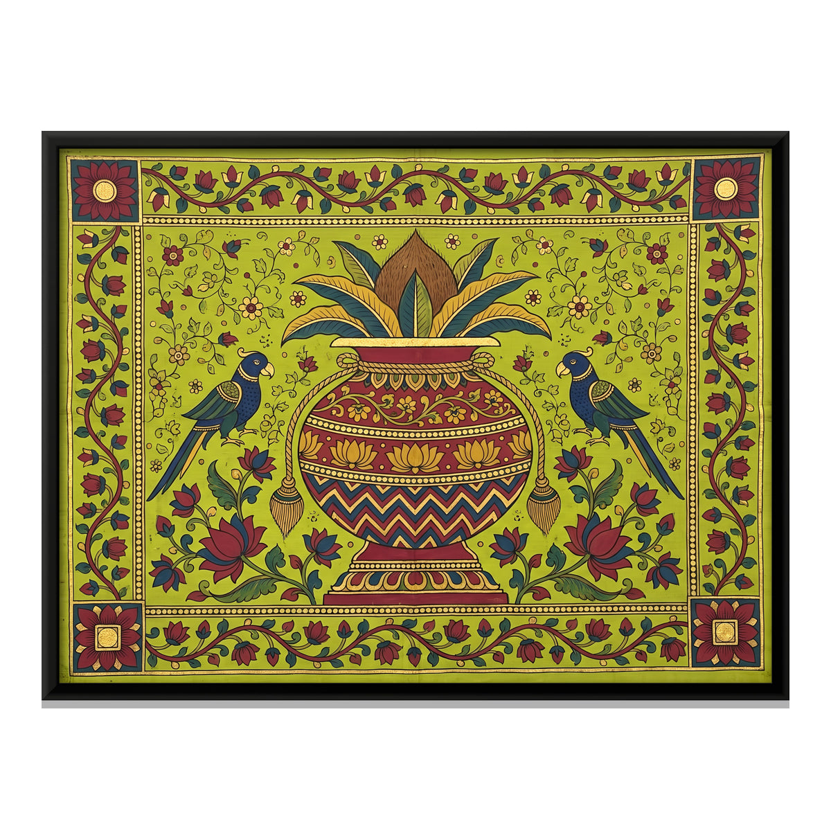 Kalash with Parrots - framed canvas print, front view