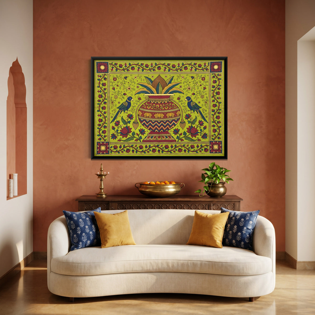 Kalash with Parrots - canvas art shown in a styled room