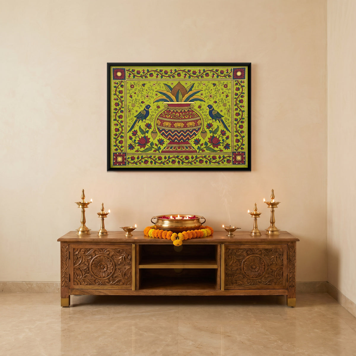 Kalash with Parrots - canvas art shown in a second room setting
