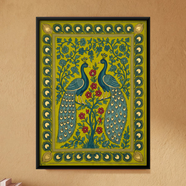 Pair of Peacocks on a Flowering Tree in Ochre
