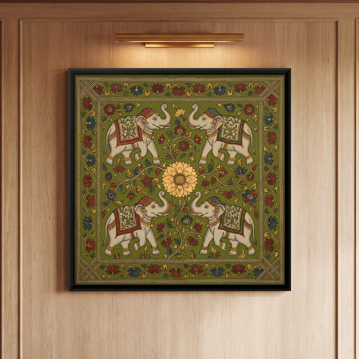 Four Elephants Around a Lotus - framed canvas art hung on a wall