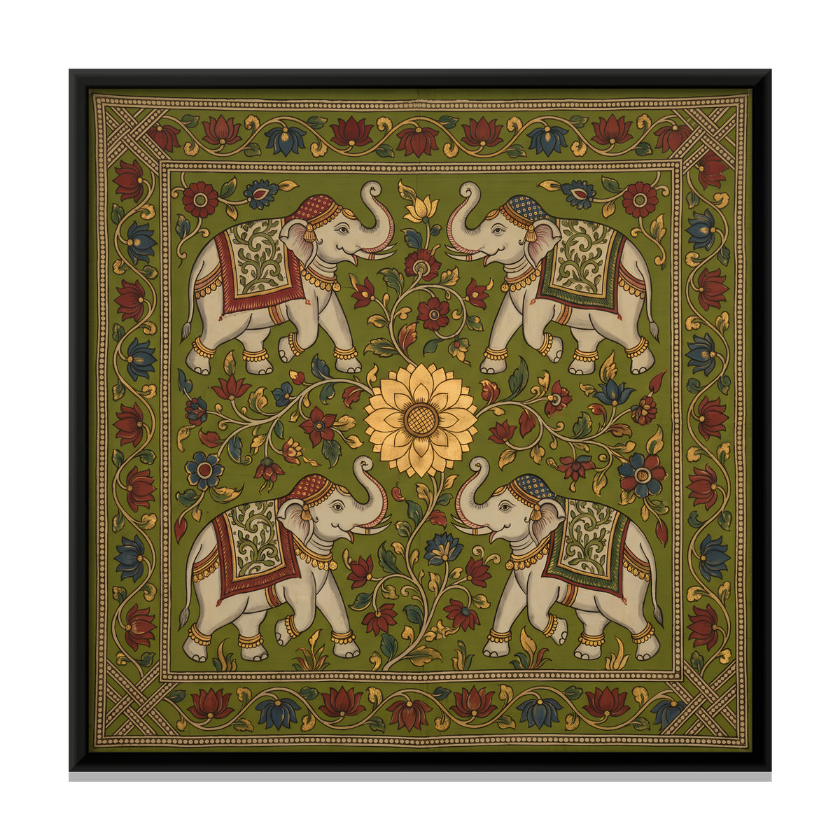 Four Elephants Around a Lotus - framed canvas print, front view
