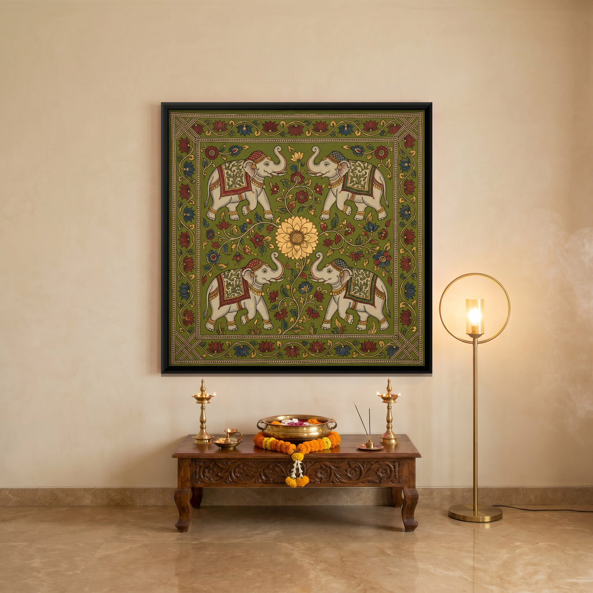 Four Elephants Around a Lotus - canvas art shown in a styled room