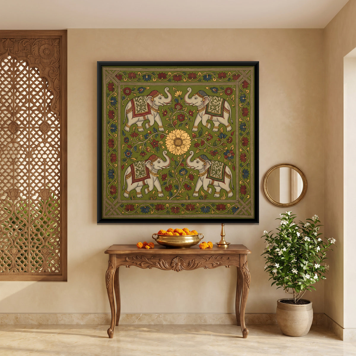 Four Elephants Around a Lotus - canvas art shown in a second room setting