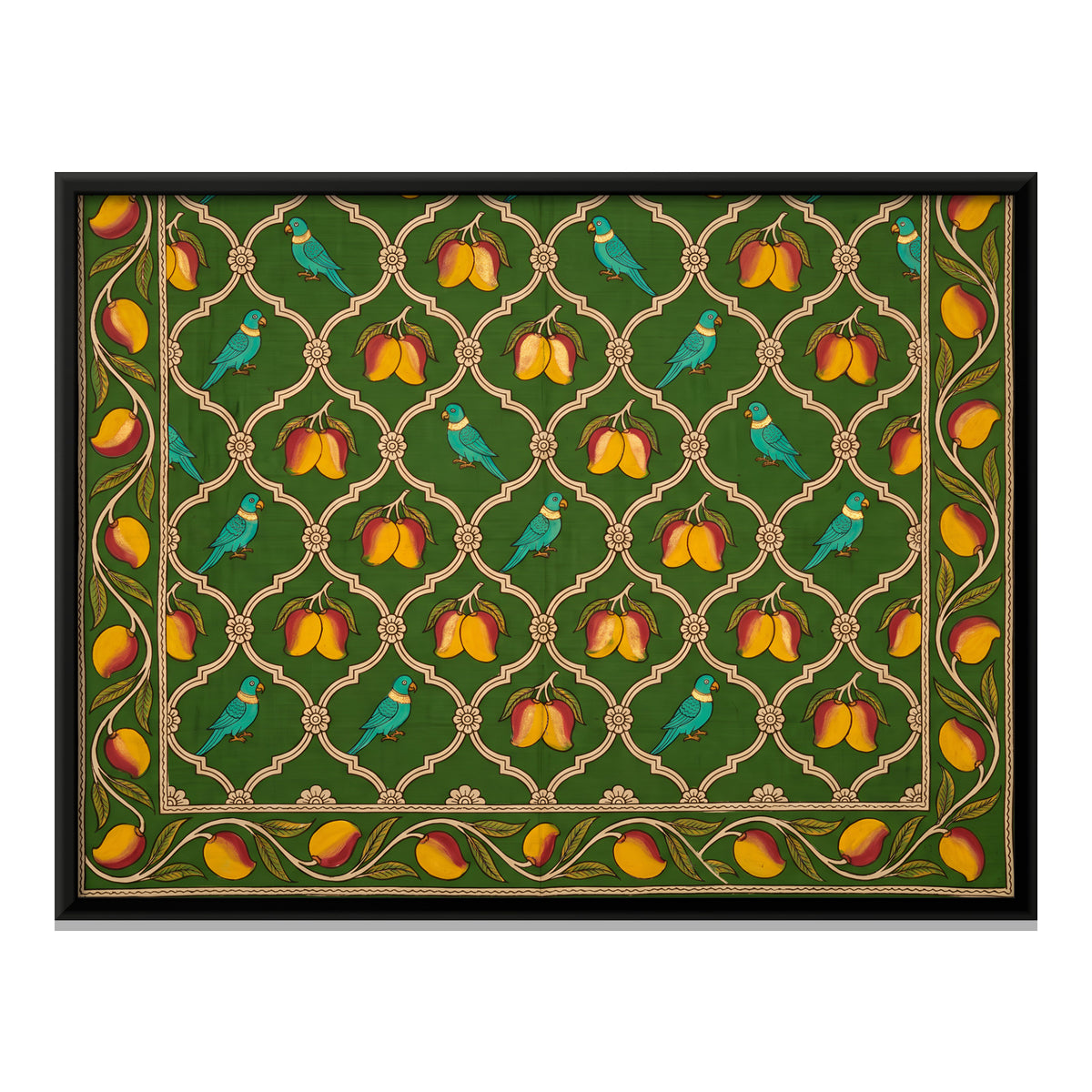 Parrots and Mangoes - framed canvas print, front view