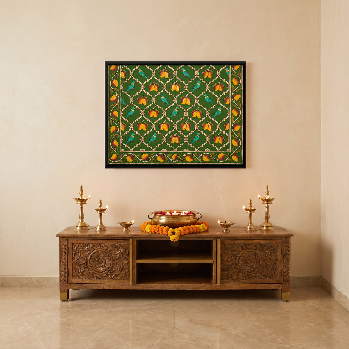 Parrots and Mangoes - canvas art shown in a styled room