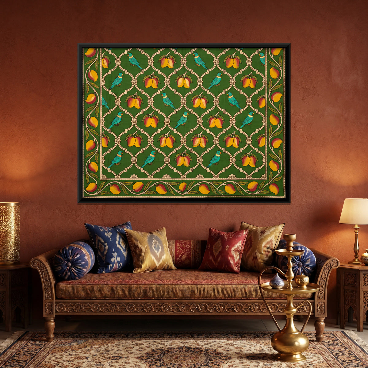 Parrots and Mangoes - canvas art shown in a second room setting