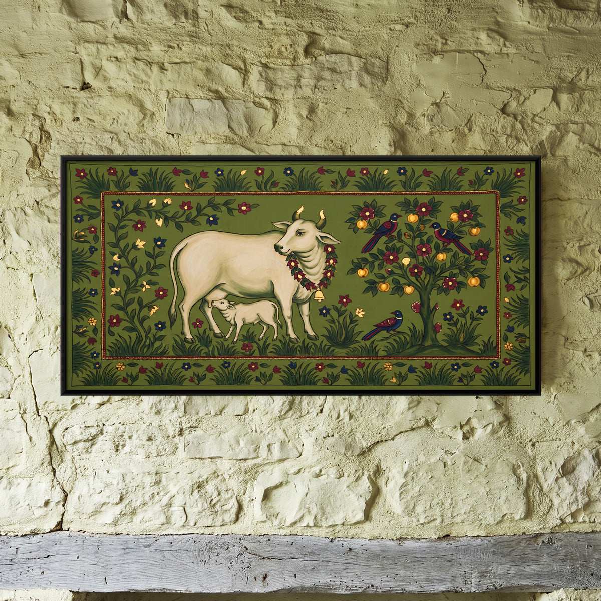 Gau Mata with Calf - framed canvas art hung on a wall