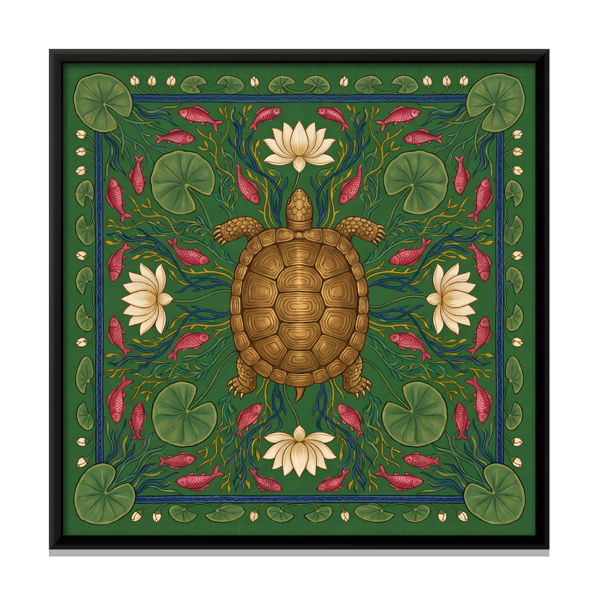 Tortoise in a Lotus Pond - framed canvas print, front view