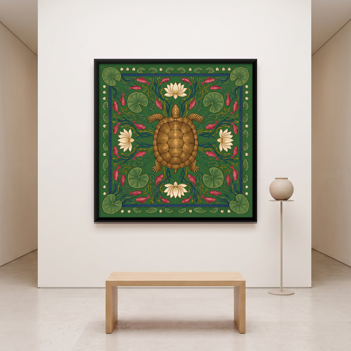 Tortoise in a Lotus Pond - canvas art shown in a second room setting