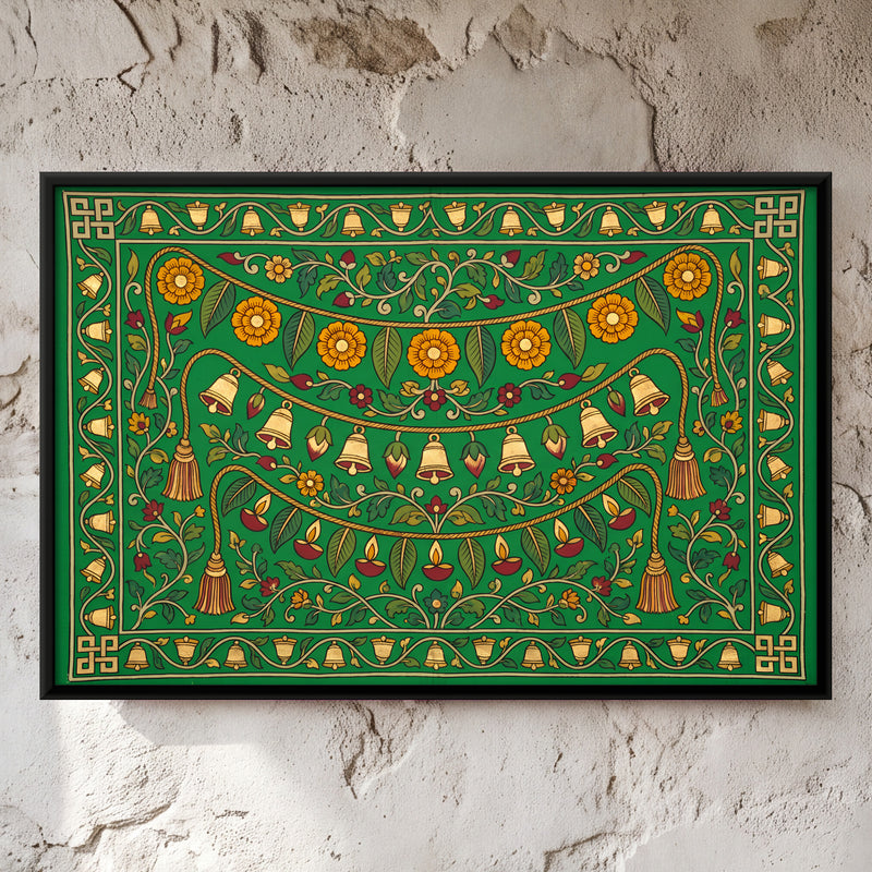 Toran with Temple Bells - framed canvas art hung on a wall