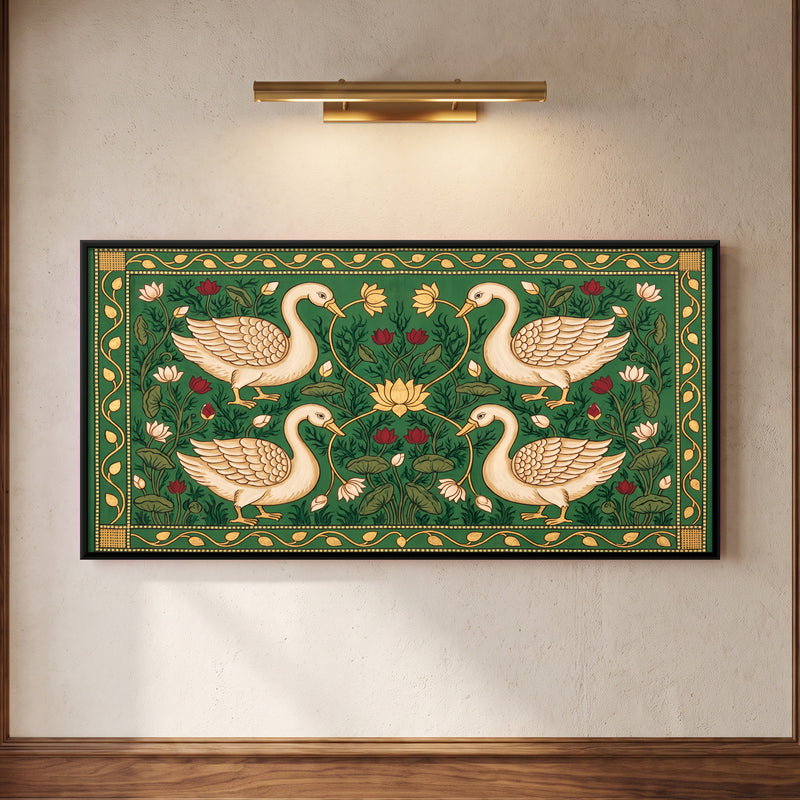 Four Swans Around a Lotus - framed canvas art hung on a wall