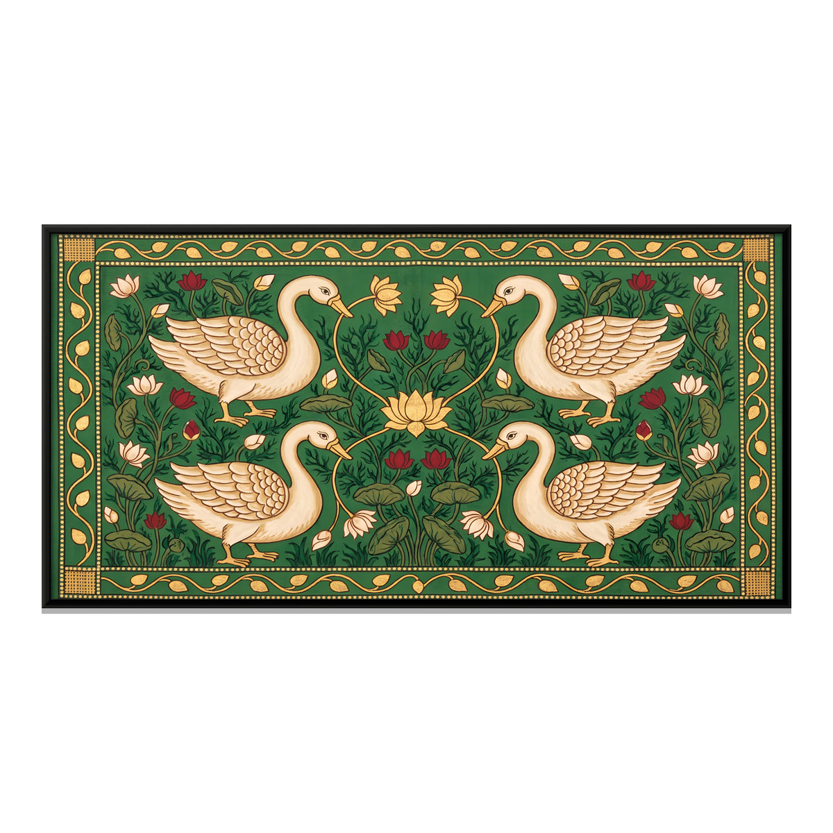 Four Swans Around a Lotus - framed canvas print, front view