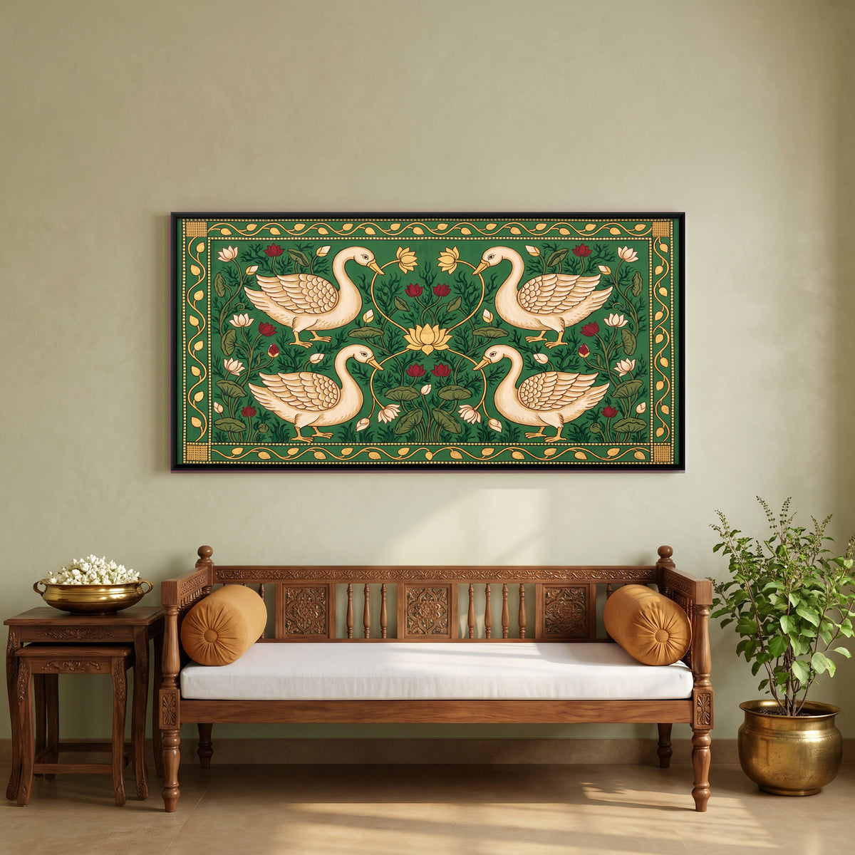 Four Swans Around a Lotus - canvas art shown in a styled room