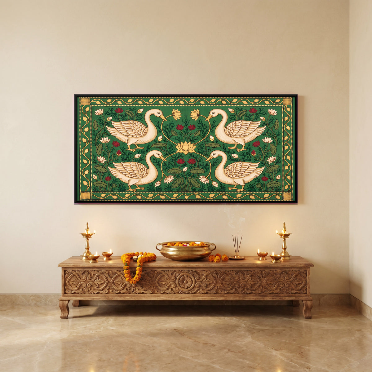 Four Swans Around a Lotus - canvas art shown in a second room setting